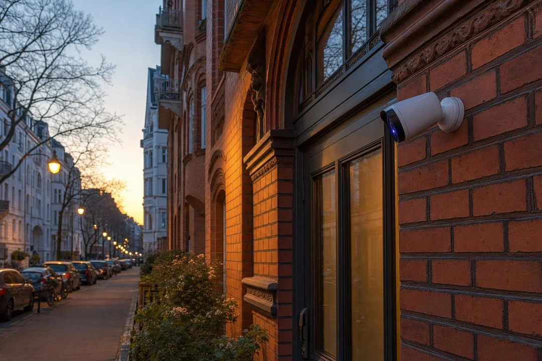 Einfamilienhaus mit montierter Überwachungskamera am Eingang